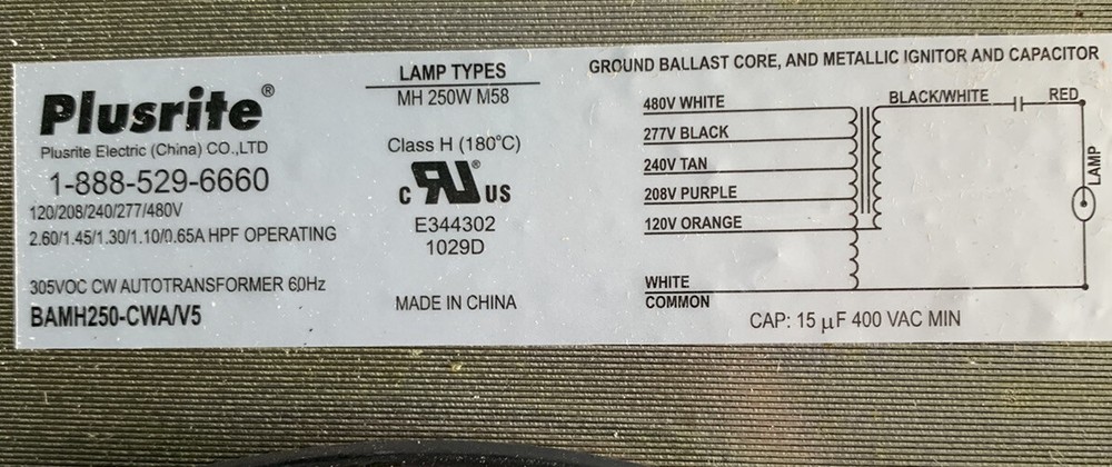 Plusrite BAMH250-CWA/V5 Core & Coil Ballast New Open Box