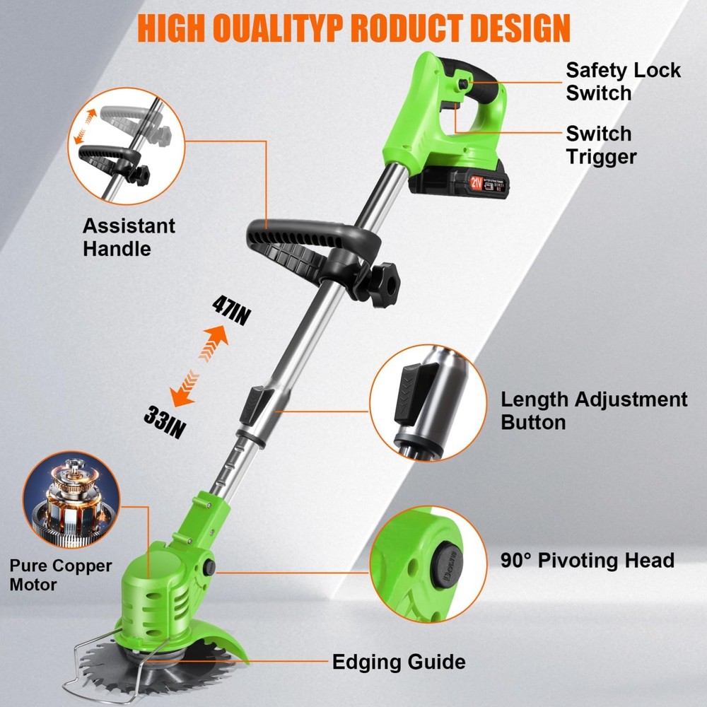 Cordless Electric Grass String Trimmer Lawn Edger Weed Wacker Cutter + 2 Battery