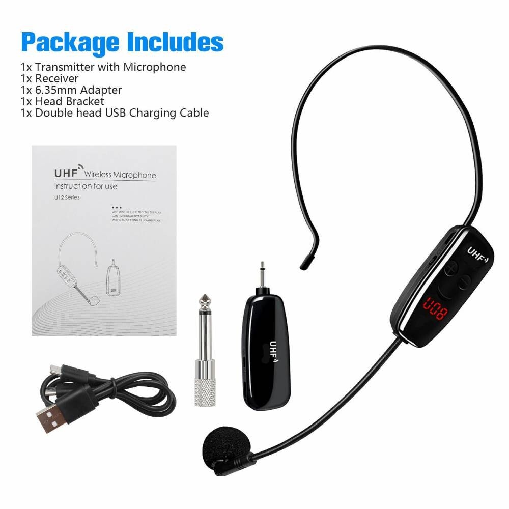 NEW 165FT Range UHF Wireless Microphone Headset Mic System+Digital Screen Speech