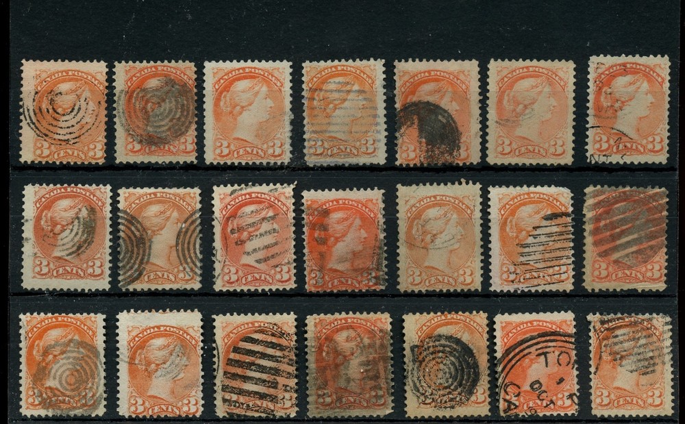 SMALL QUEEN 3 cent Various cancels, corks, used lot CAnada