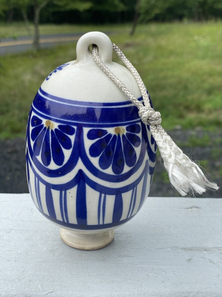 Vintage Blue White Stoneware Ceramic Hanging Pottery Oval Sphere