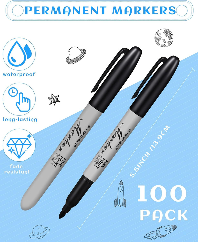 100 Pack Black Permanent Markers Fine Point Quick-Dry Waterproof Pens Bulk