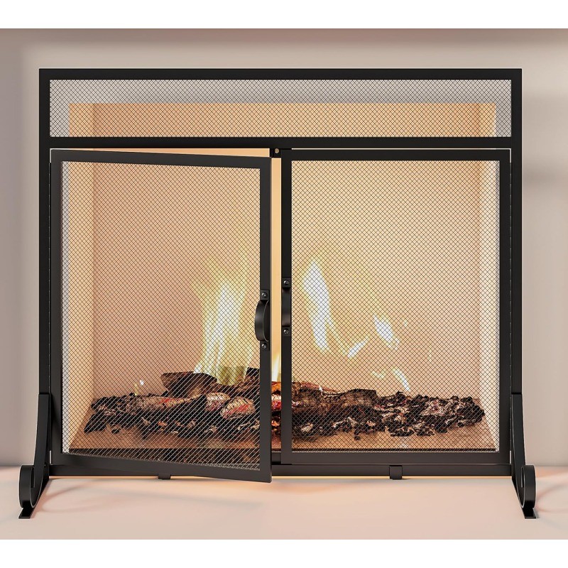 Screen with Doors,Solid Wrought Iron Frame with Metal Mesh,Flat Panel Decorative