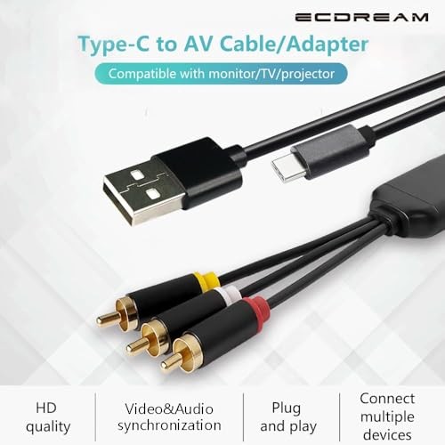 USB C to RCA Cable Adapter, 6Ft Wired Type-C to RCA Screen Mirroring with USB