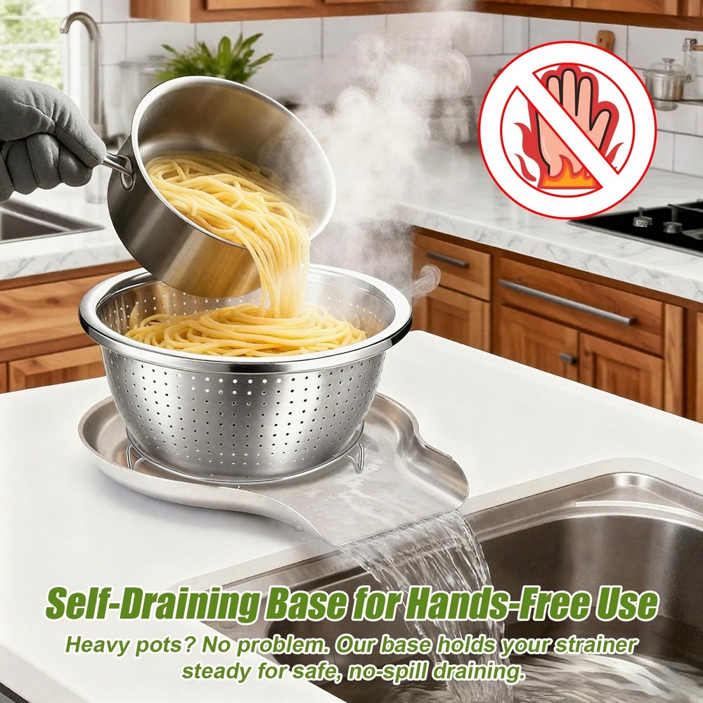 Stainless Steel Colander Set with Self-Draining Base, 3 Sizes Colanders & Foo...