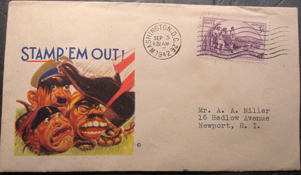 ORIGINAL WW2 Home Front Mailing Envelope STAMP EM OUT! w Hitler Tojo & Mussolini