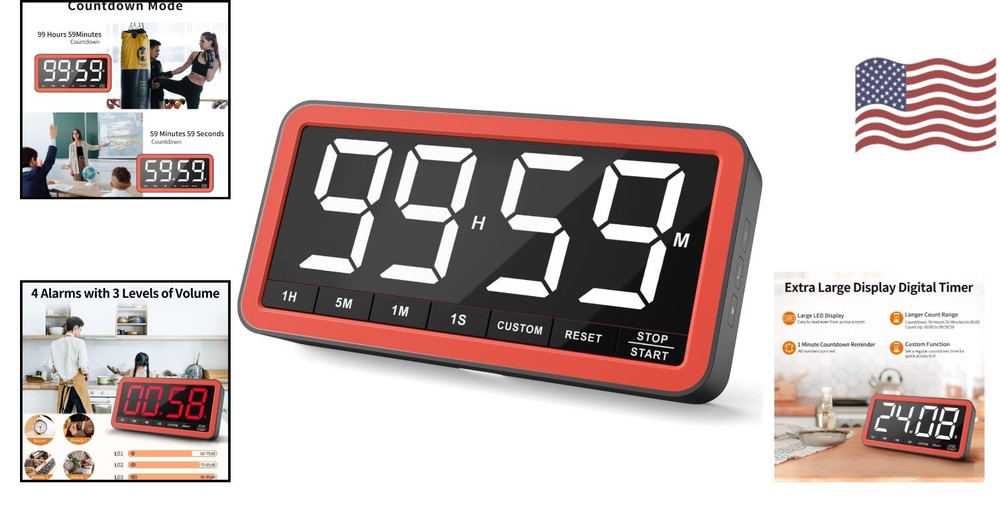 Extra Large 7.8” Digital Kitchen Timer with USB-C, 4 Alarms & 3 Brightness Modes