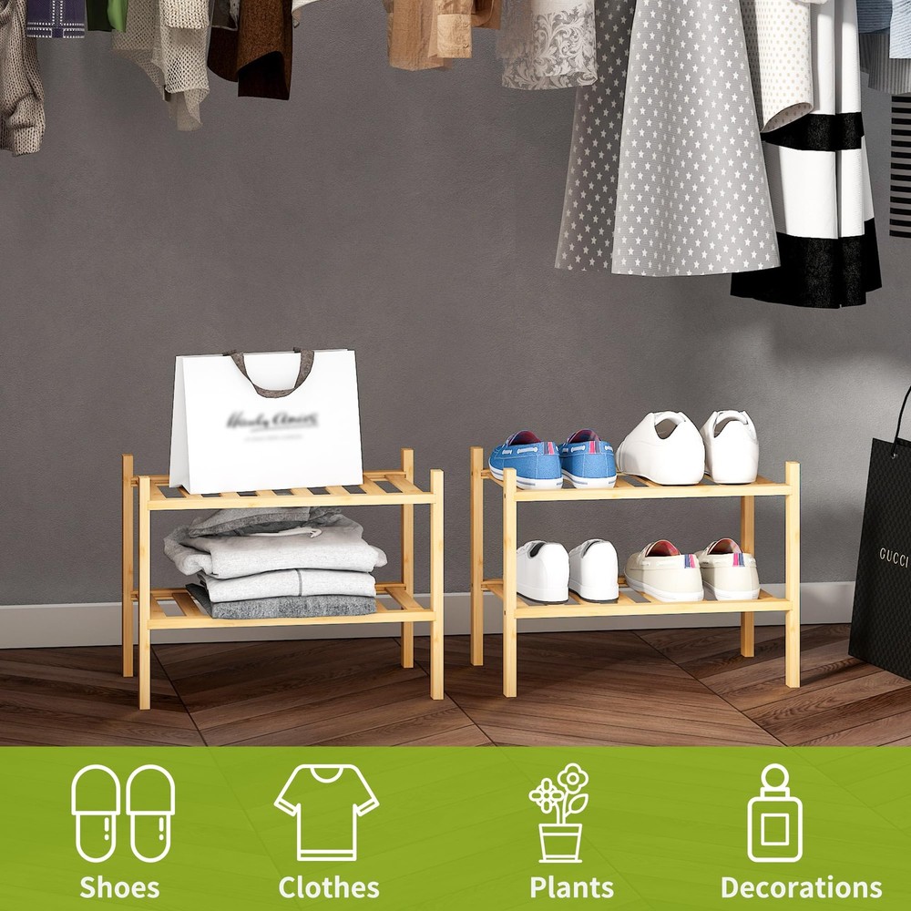 2-Tier Bamboo Small Shoe Rack Premium Stackable Shoe Shelf Storage Organizer ...