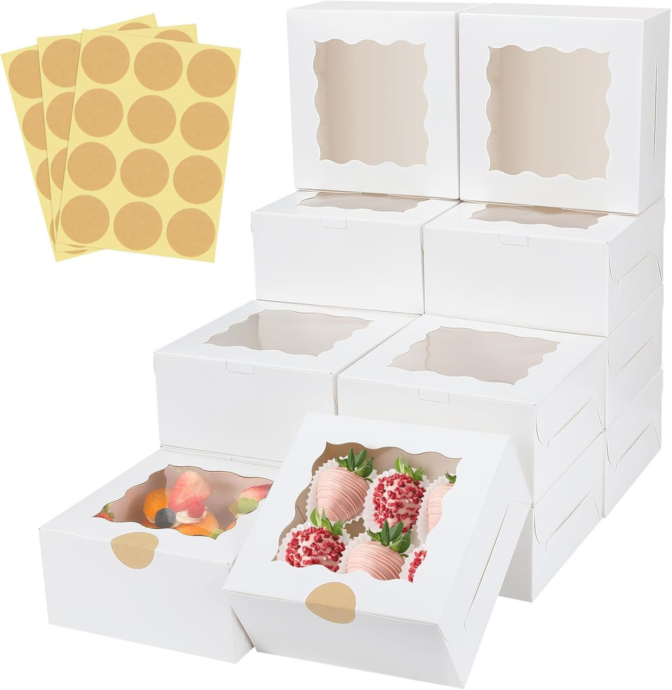 60 Pcs Bakery Boxes With Window 6"x6"x3" White Cookie Pastry Packaging