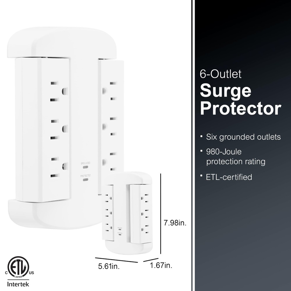 GE 6-Outlet Extender, Surge Protector, Swivel Side Access, Wall Tap Adapter, ...