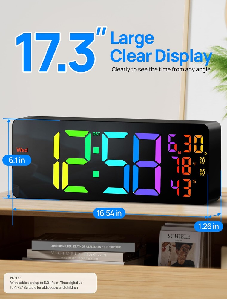 17.3" Large Digital Wall Mount Clock, Digital Clock with Remote Control, Alar...