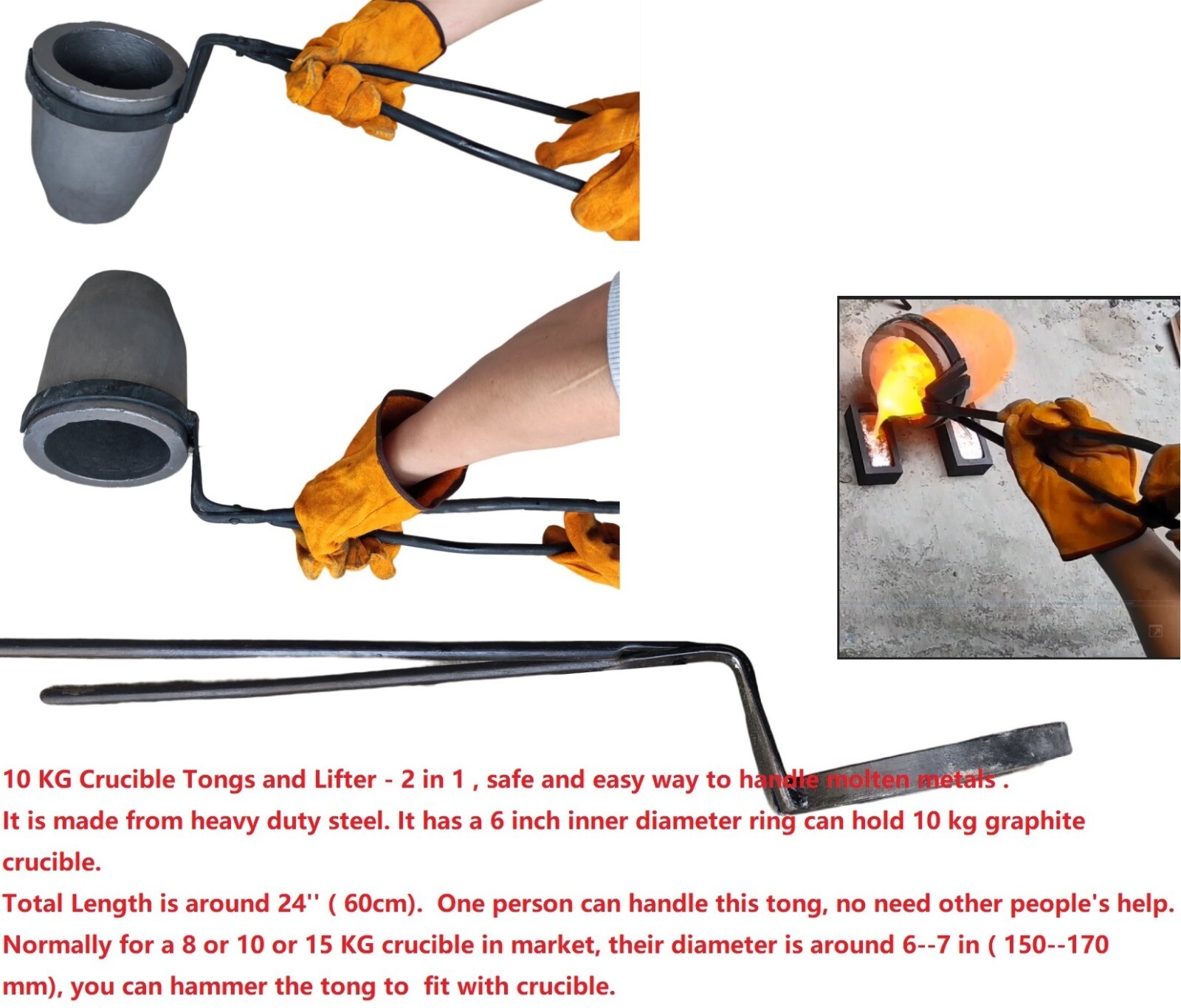 16 KG Metal Melting Furnace Dual Propane Burners with Crucible Tongs Foundry