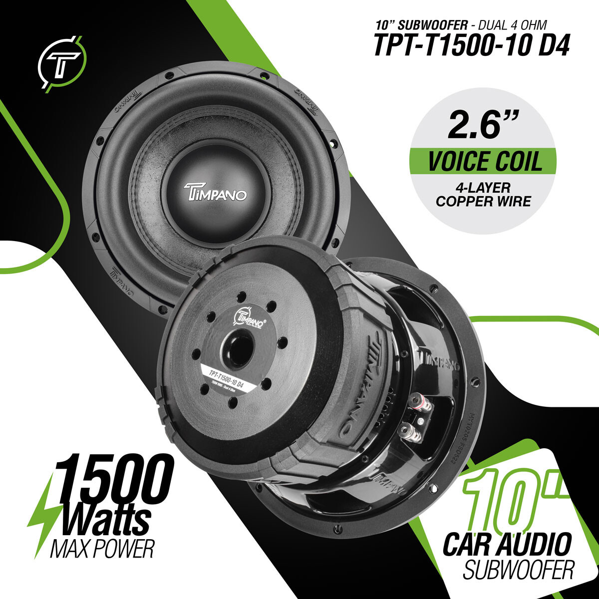 2x Timpano 10" Car Audio Subwoofer 1500 Watts T1500-10 Dual 4 Ohms Daily Banger