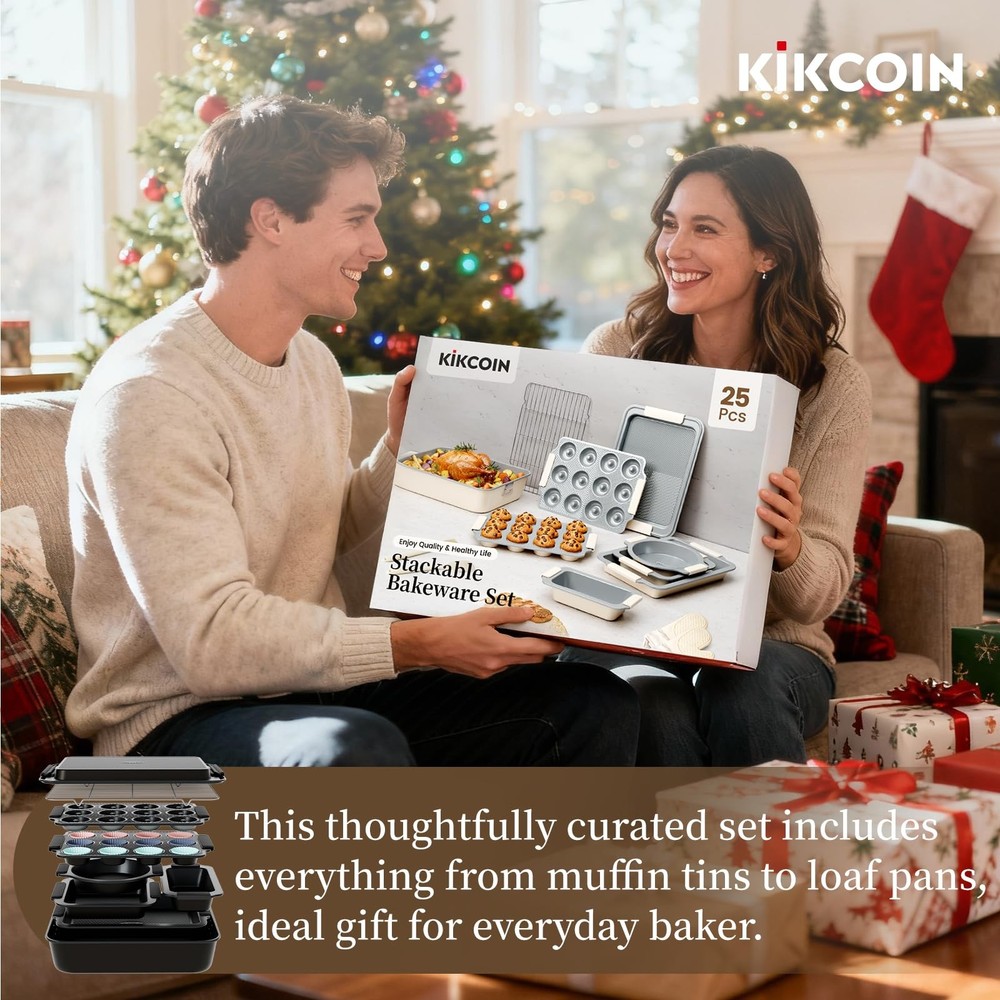 25 PCS Stackable Baking Pans Set, Non-stick Bakeware Sets with Silicone Handl...