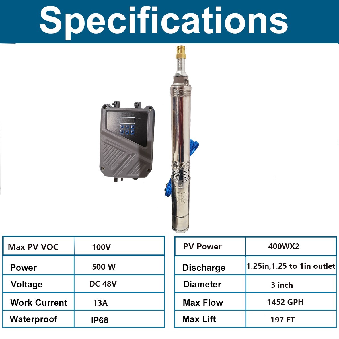 DC 48V 3" Solar Pump Submersible Pump Bore 500W Deep Well Pump + MPPT Controller