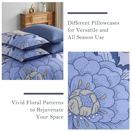 7 Pieces Floral Comforter Set Queen Size Botanical Bed in a Bag, King Blue