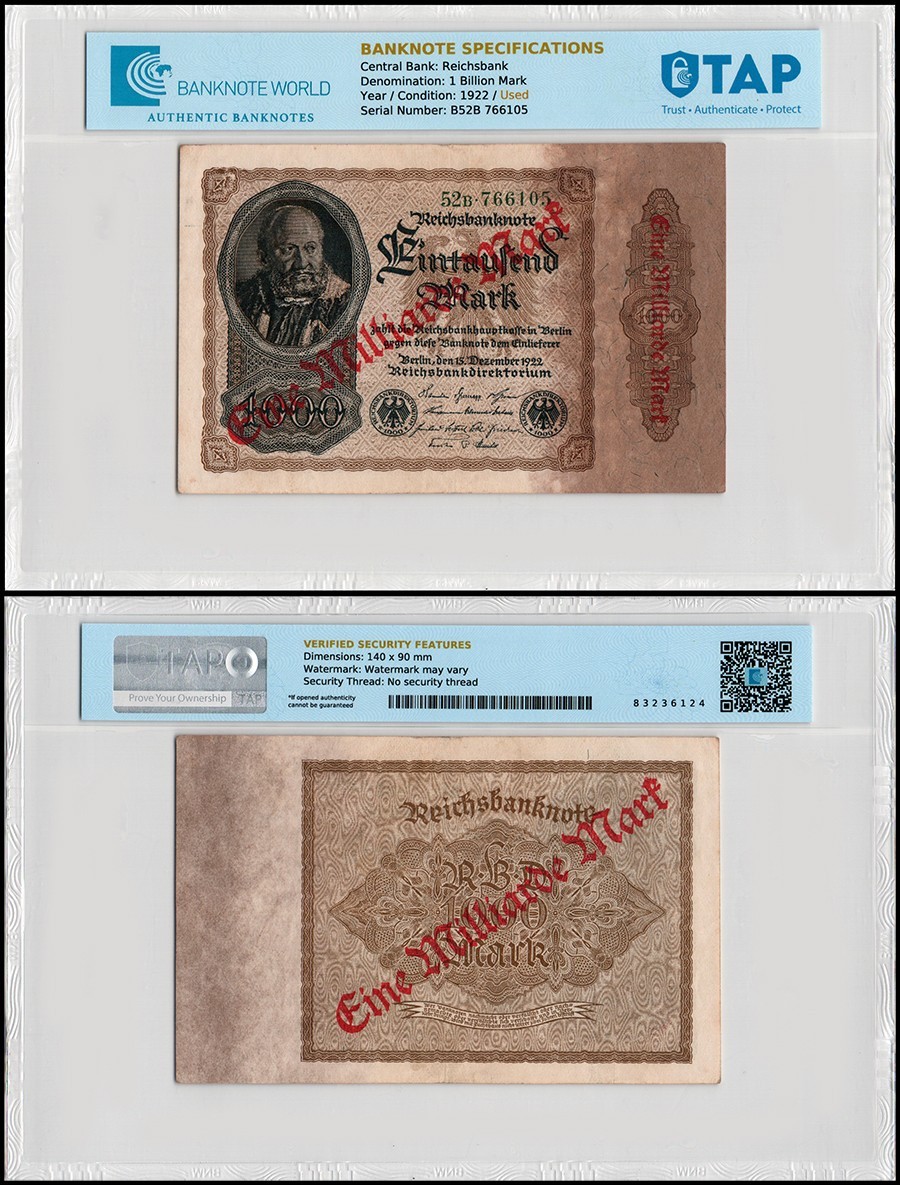 Germany 1 Billion Mark, 1922, P-113, Used, Authenticated, Overprint