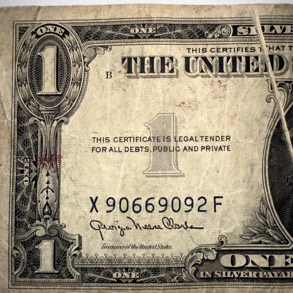Unique $1 Dollar 1935D Error Fold Print Blue Seal, Silver Certificate U.S. $1