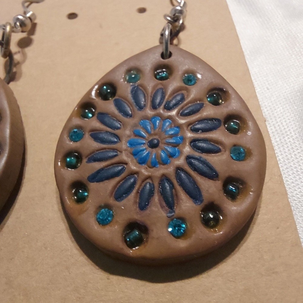 Dangle Earring Blue Bead and Clay 2 1/2"