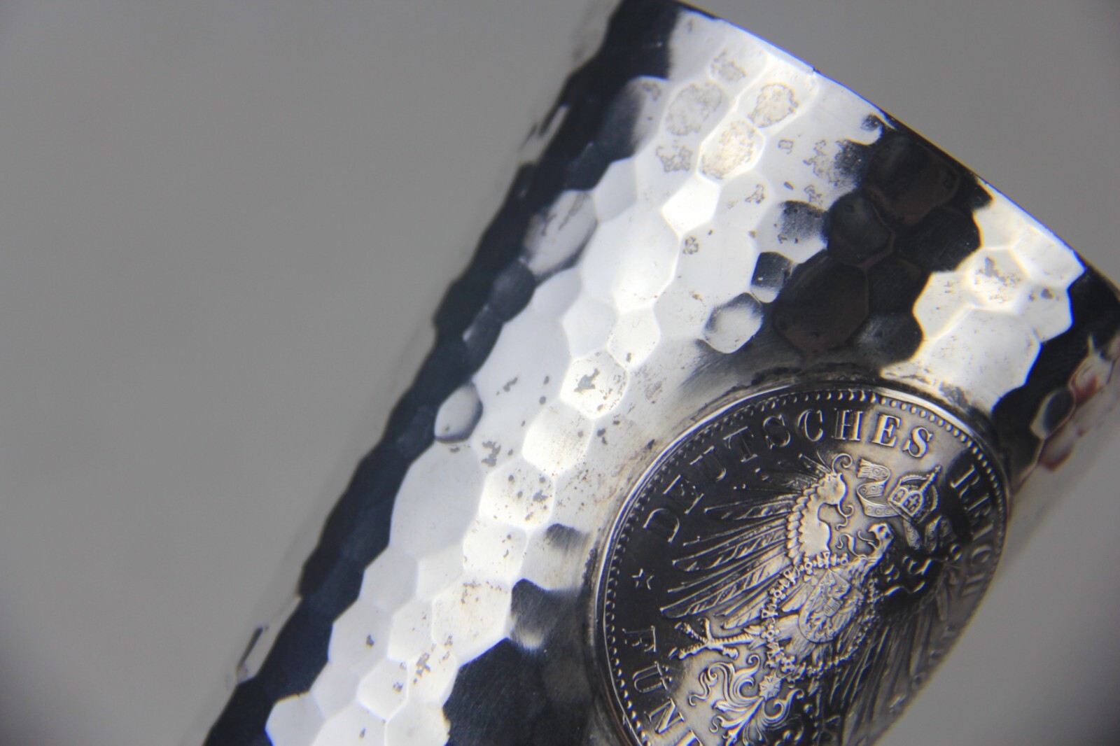 1904 German Hammered 800 Silver Beaker w/Hesse-Darmstadt 5 Mark Coin Attached