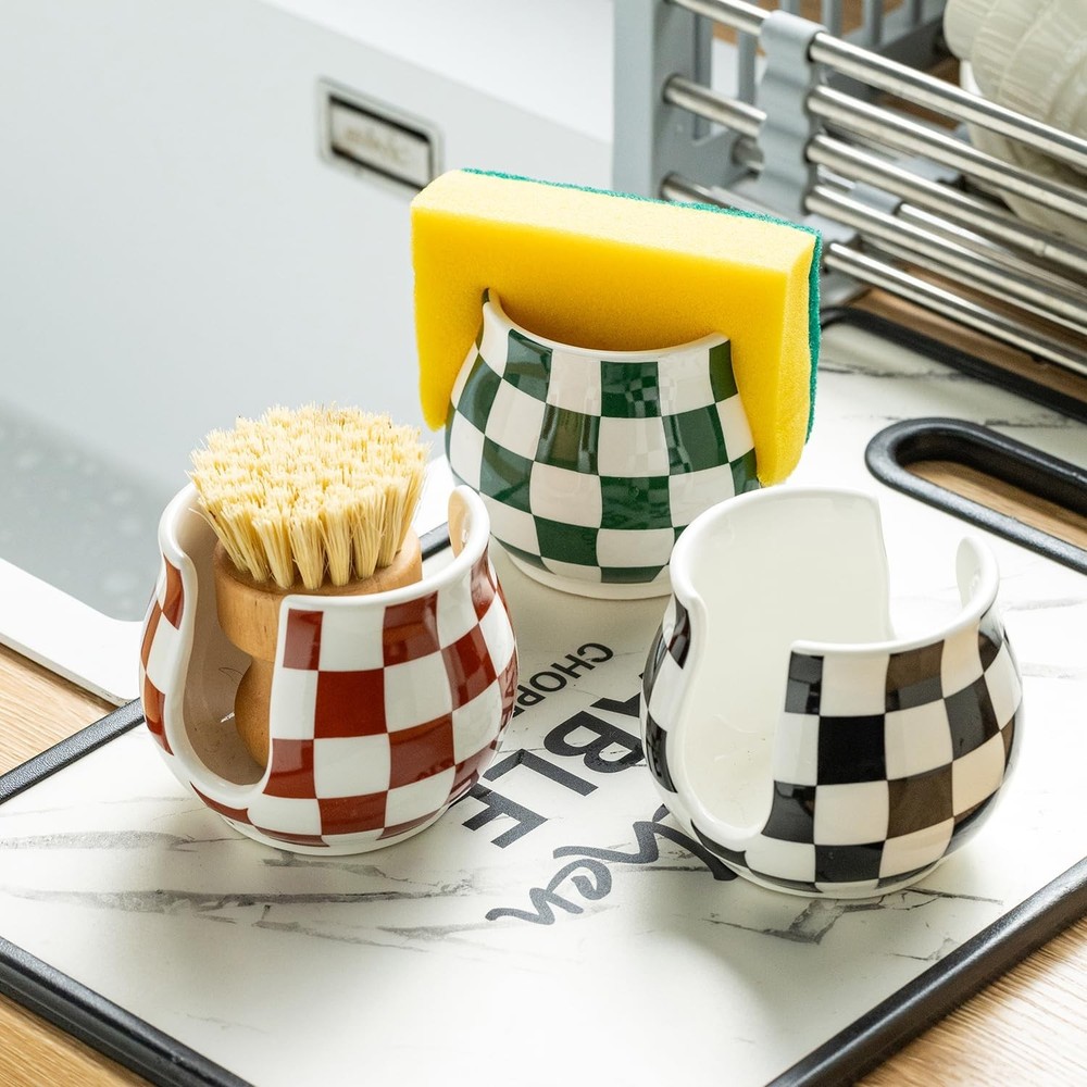 Checkered Sponge Holder for Kitchen Sink, Ceramic Dish Sponge Dish Rack Scrub...