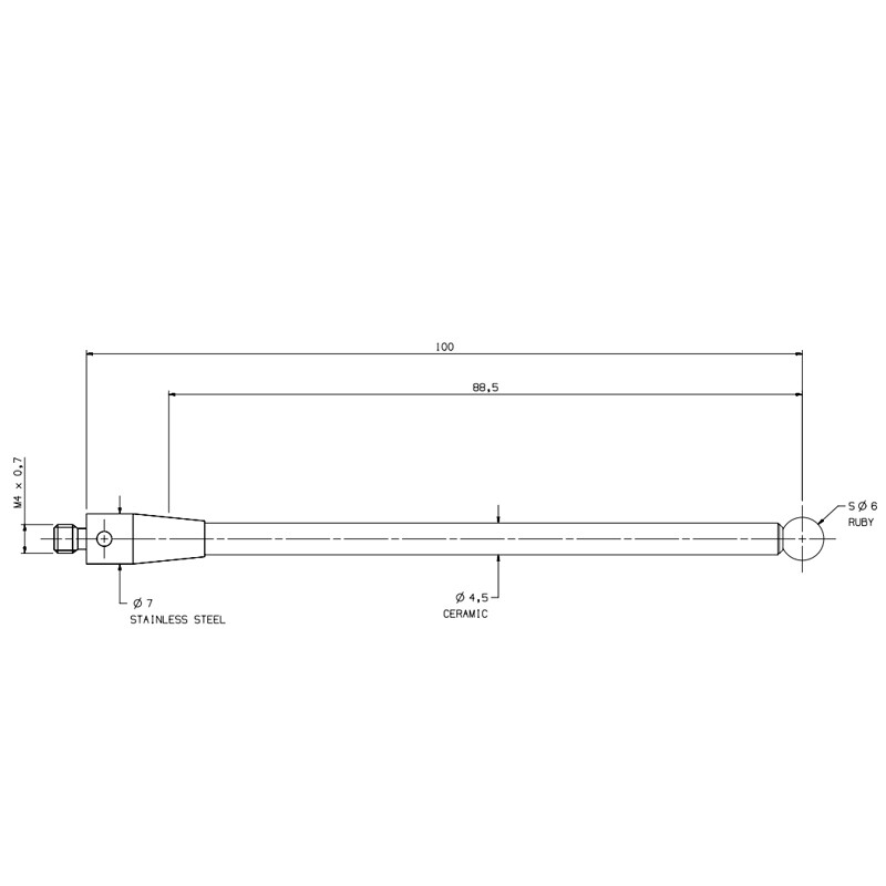CMM Touch Probe for A-5000-3712 M4 Thread DIA 6mm Ruby Sphere Ceramic Stem 100mm