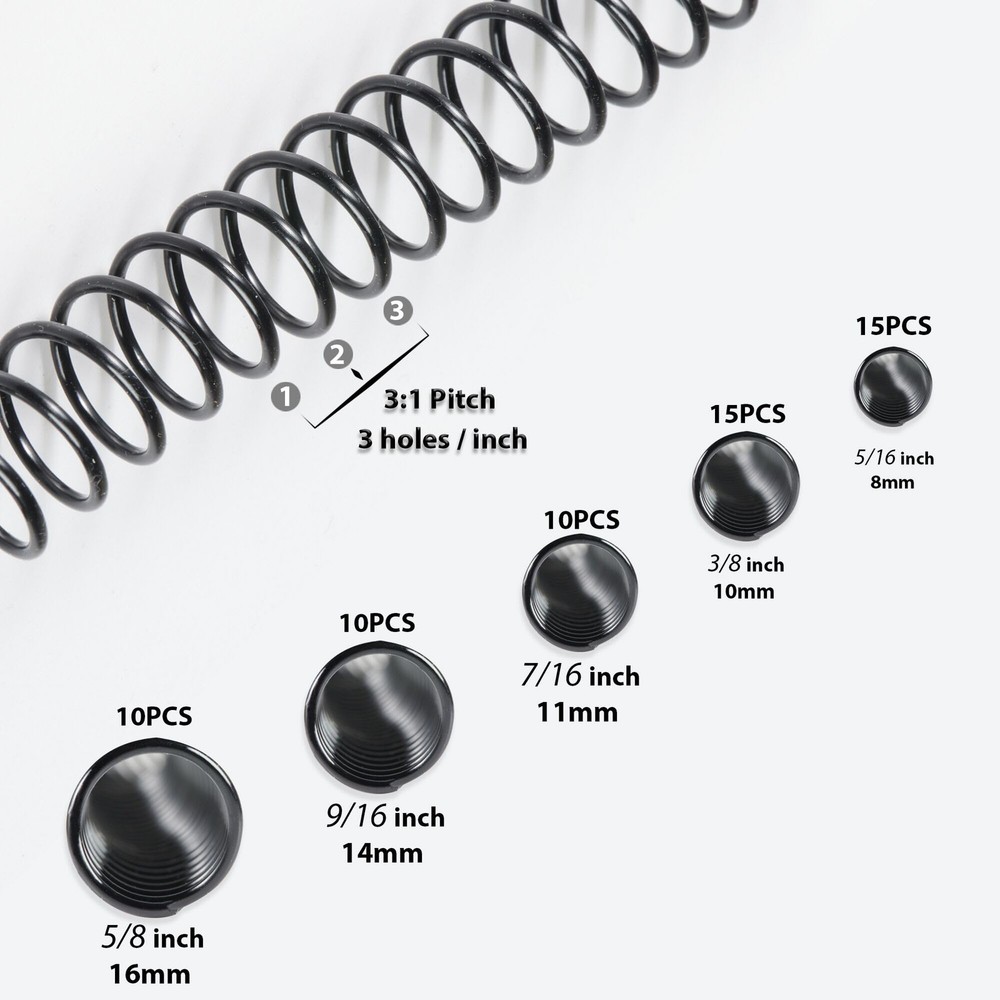 60 Pack Plastic Spiral Binding Coils, Multi Size, 3:1 Pitch, Black Binding Sp...