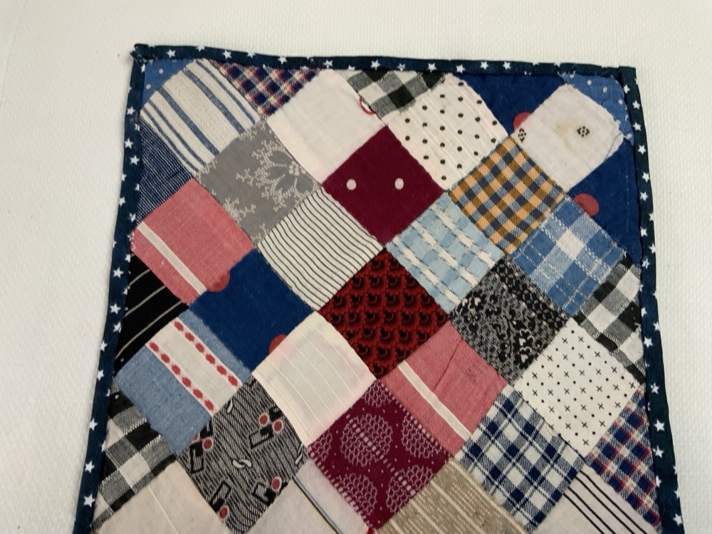 Vintage Patchwork Quilt Table Topper, Four Patch, Early Calico Prints, Blue, Red