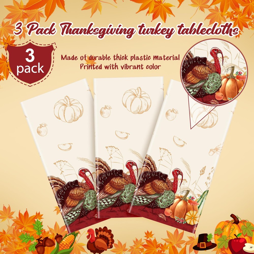 3 Pack Thanksgiving Disposable Tablecloth for Rectangle 3 Pack, Multi Color