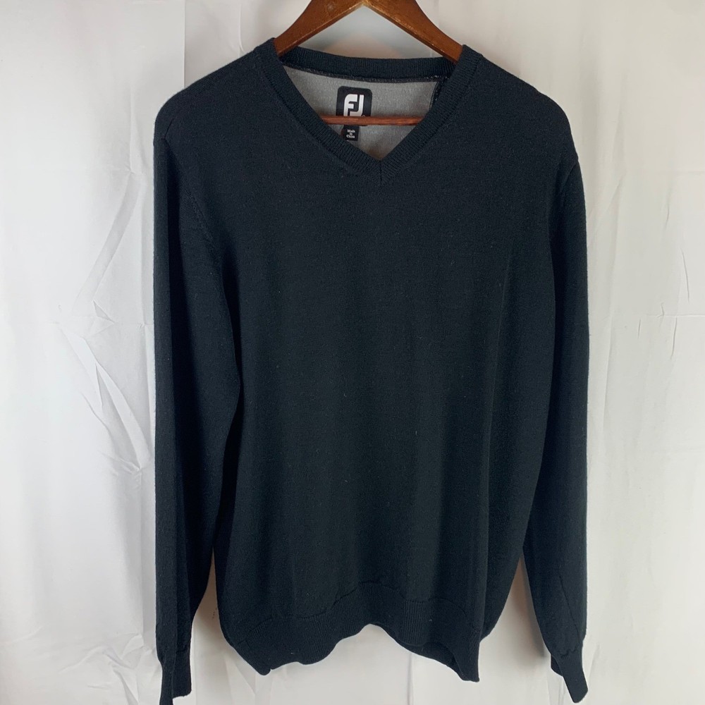 FootJoy V-Neck Sweater Mens Medium Black 100% Wool Lined Golf Pullover