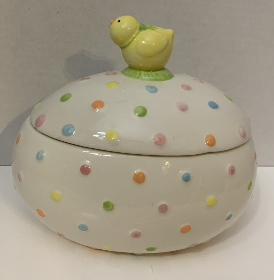 Hallmark Easter Chick on Pastel Polka Dot Egg Ceramic Dish w/ Lid