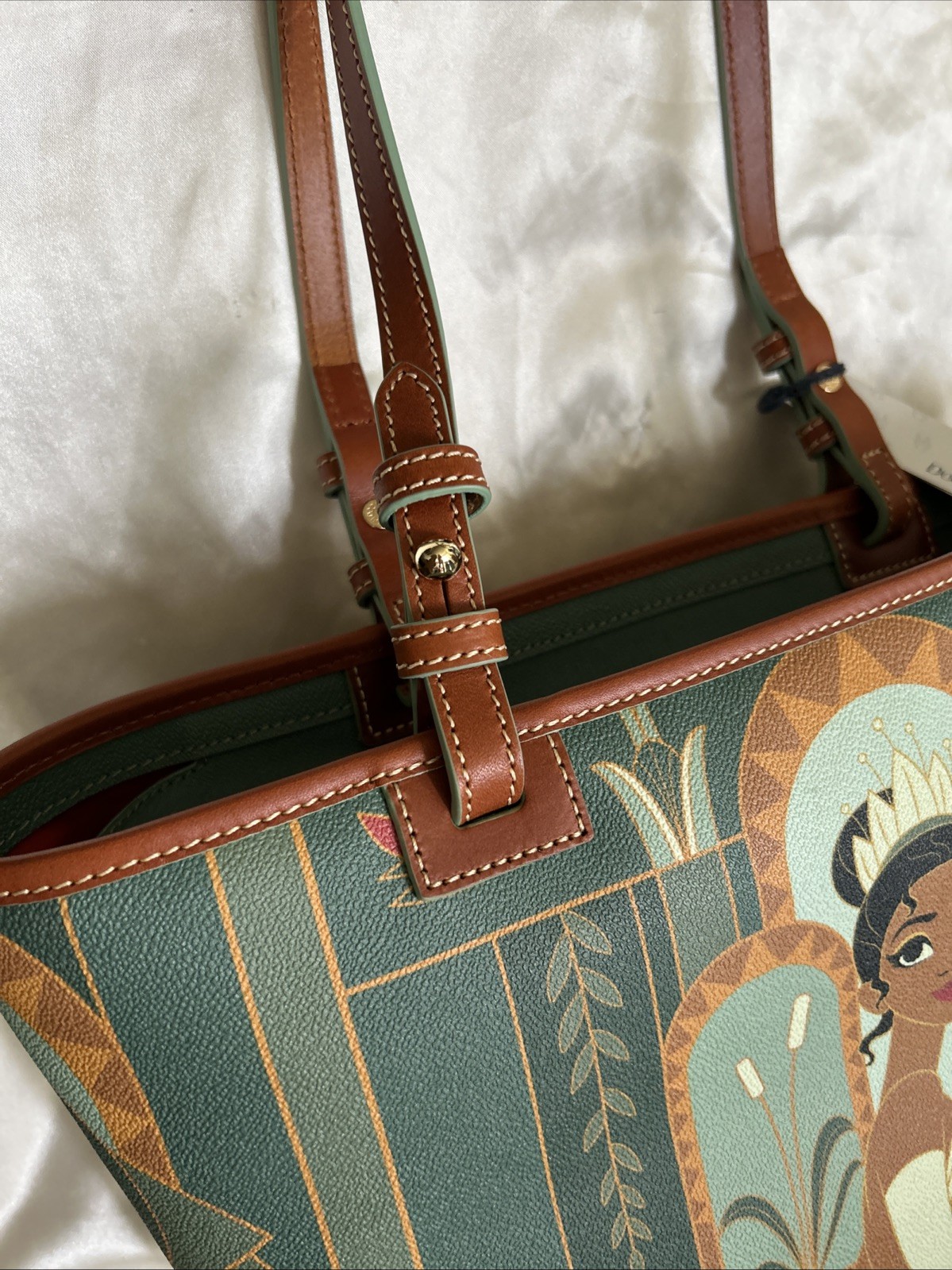 NEW TAGS DISNEY PARKS DOONEY BOURKE PRINCESS TIANA GREEN/BROWN LEATHER TOTE