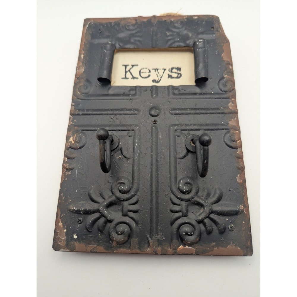 Two Hook Key Holder Rack Wall Mount Tin Rustic Black Metal Distressed