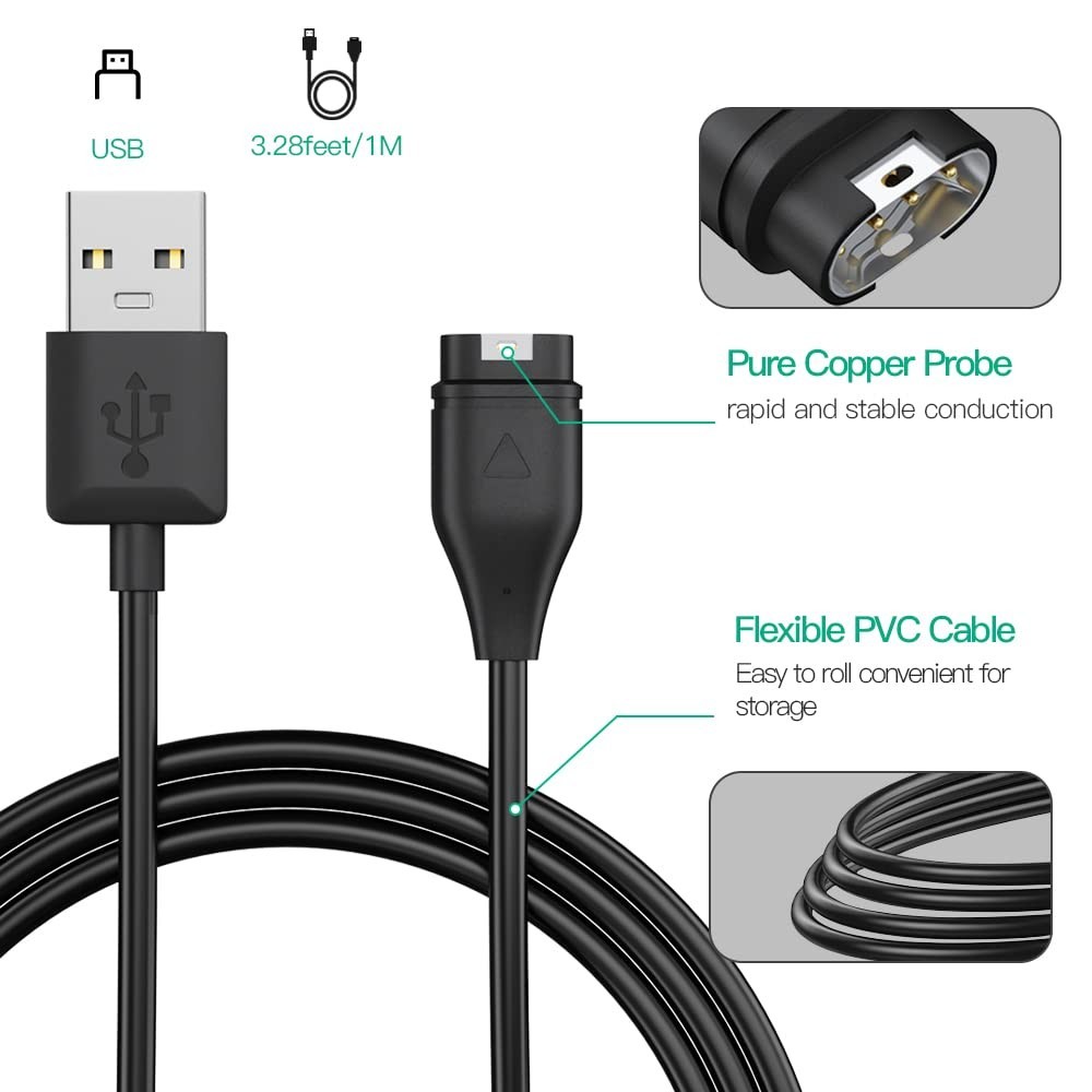 Durable USB Charging Cable for Garmin Watches - 2-Pack with Safety Features