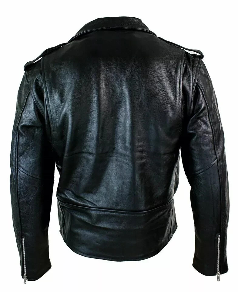 Men's Motorcycle Leather jacket Genuine Buffalo Skin Brando Style Black Biker