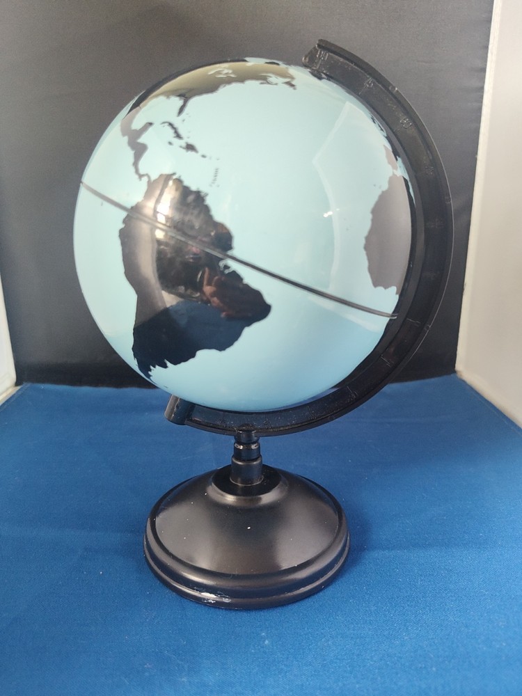 Blue And Black 5.5in Plastic Globe On Black Plastic Stand