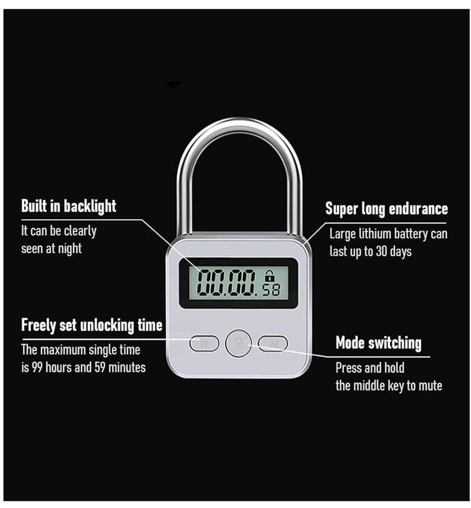 Metal Timer Lock, 99 Hours Max Timing Lock, USB Rechargeable Timer Padlock