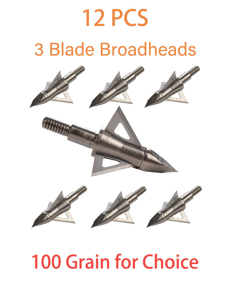 12PCS Archery Hunting Arrow Broadhead 100Grain 3 Sharp Blade Points Shooting