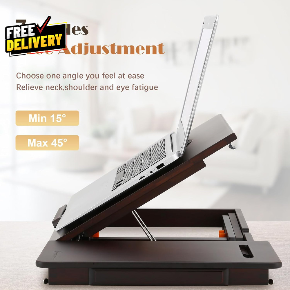 Adjustable Bamboo Laptop Desk for Bed 7 Angles 4 Heights Foldable Black Walnut