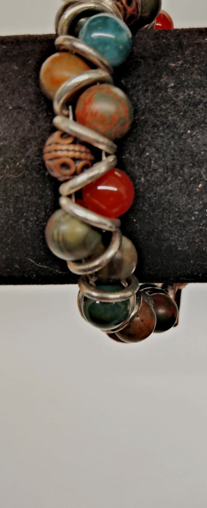 Handcrafted Bracelet Fall Multicolor Beads,Silver &Brasstone Ring/Bar Clasp 7.5"