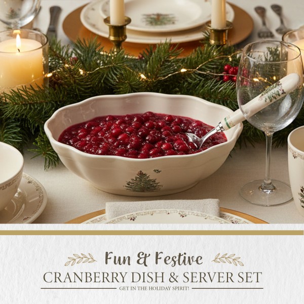 Spode Christmas Tree Cranberry Dish & Server Set - 8" Festive Holiday Serveware