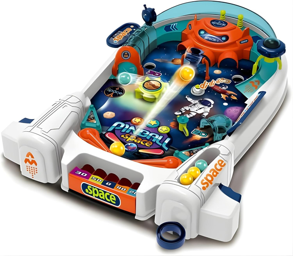 Space Pinball Machine — Tabletop Arcade Game with Obstacles, Pull-Rod Launcher,