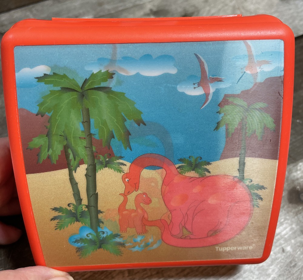 TUPPERWARE Hologram Dinosaurs Hinged Sandwich Keeper Container Orange