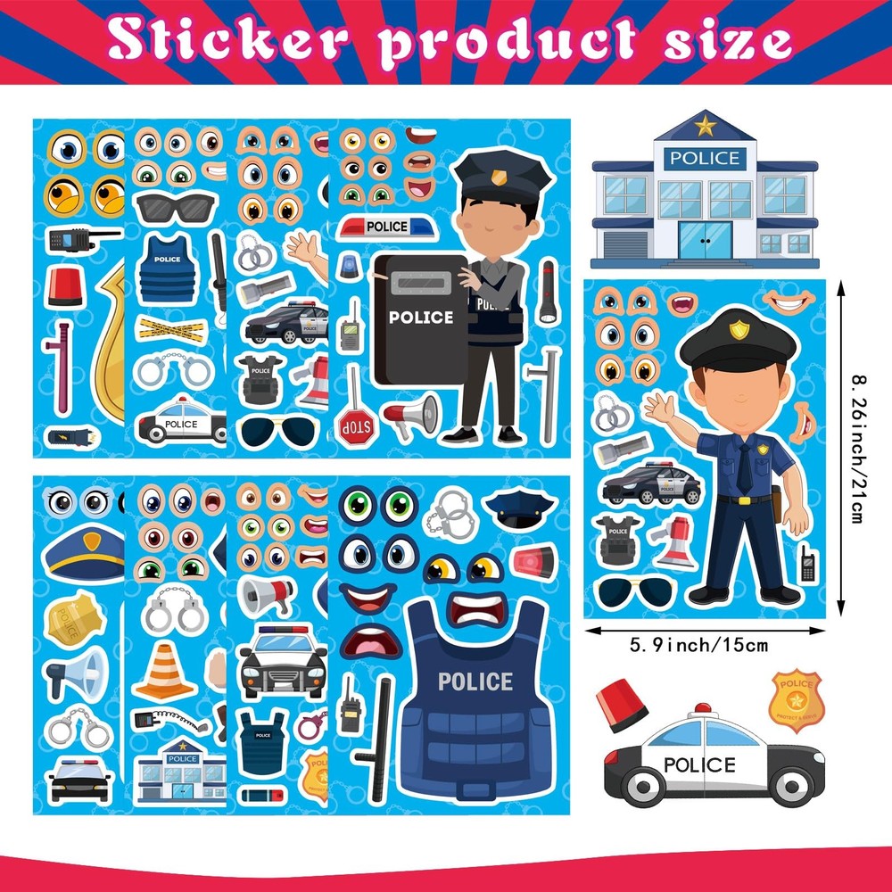 24 Sheets Make Your Own Policeman Stickers, Make-a-face