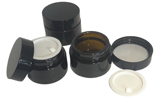 Amber 1 oz Round Glass Jars with Inner Liners and Black Lids, pack of 12