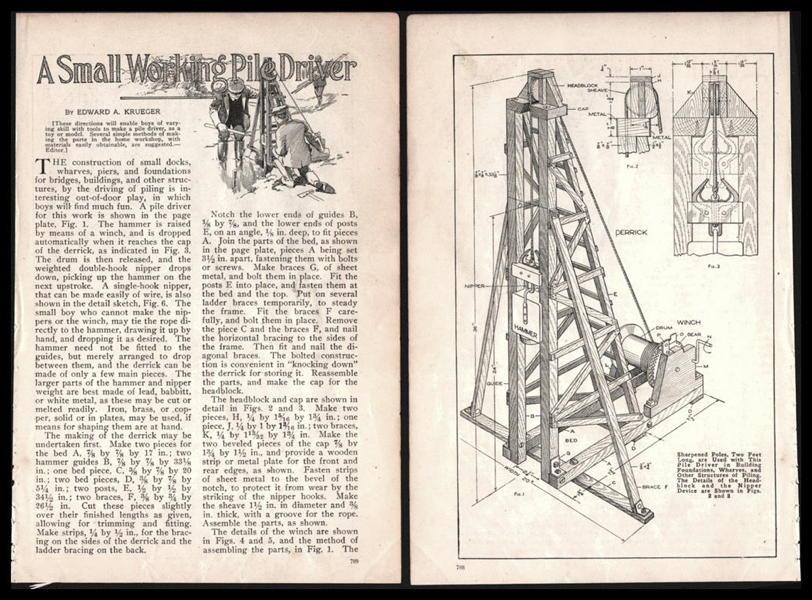 “A Small Working Pile Driver” 1917 HowTo Build PLANS 3’ Tall ~ Working Model