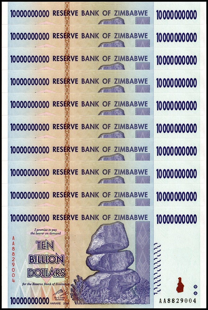 10 Zimbabwe 10 Billion banknote 2008, P-85 UNC bundle CoA  Authentic trillion