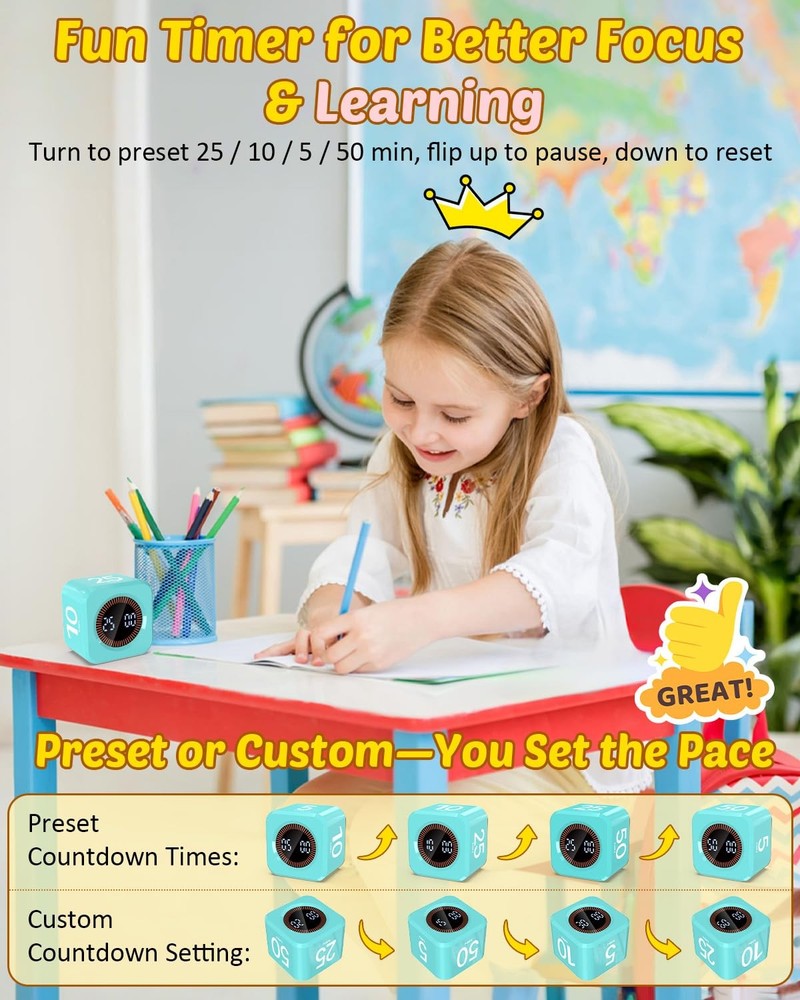 Digital Pomodoro Timer Cube 5/10/25/50min, Visual Productivity Flip Timer for...