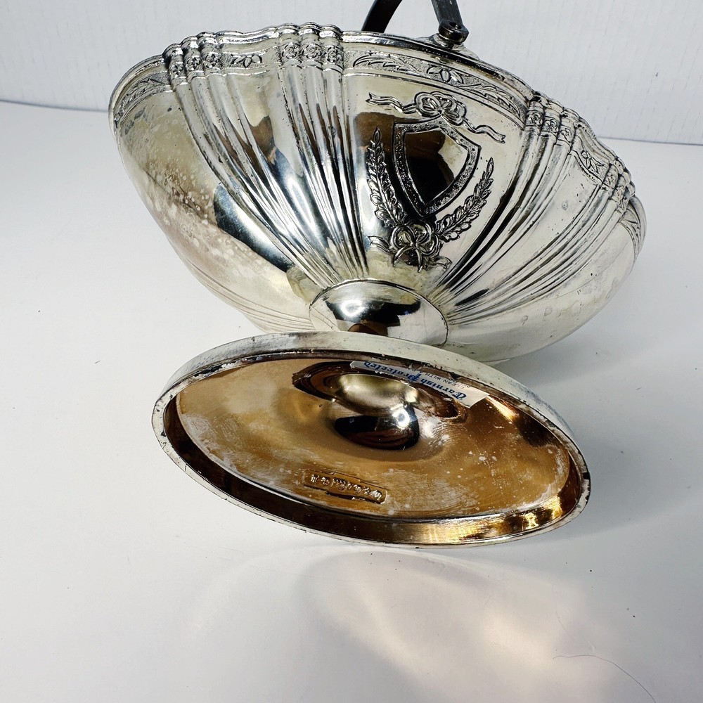 Corbell Silver Plated Oval Candy Dish Basket Handle Embossed Design Bottom Stamp