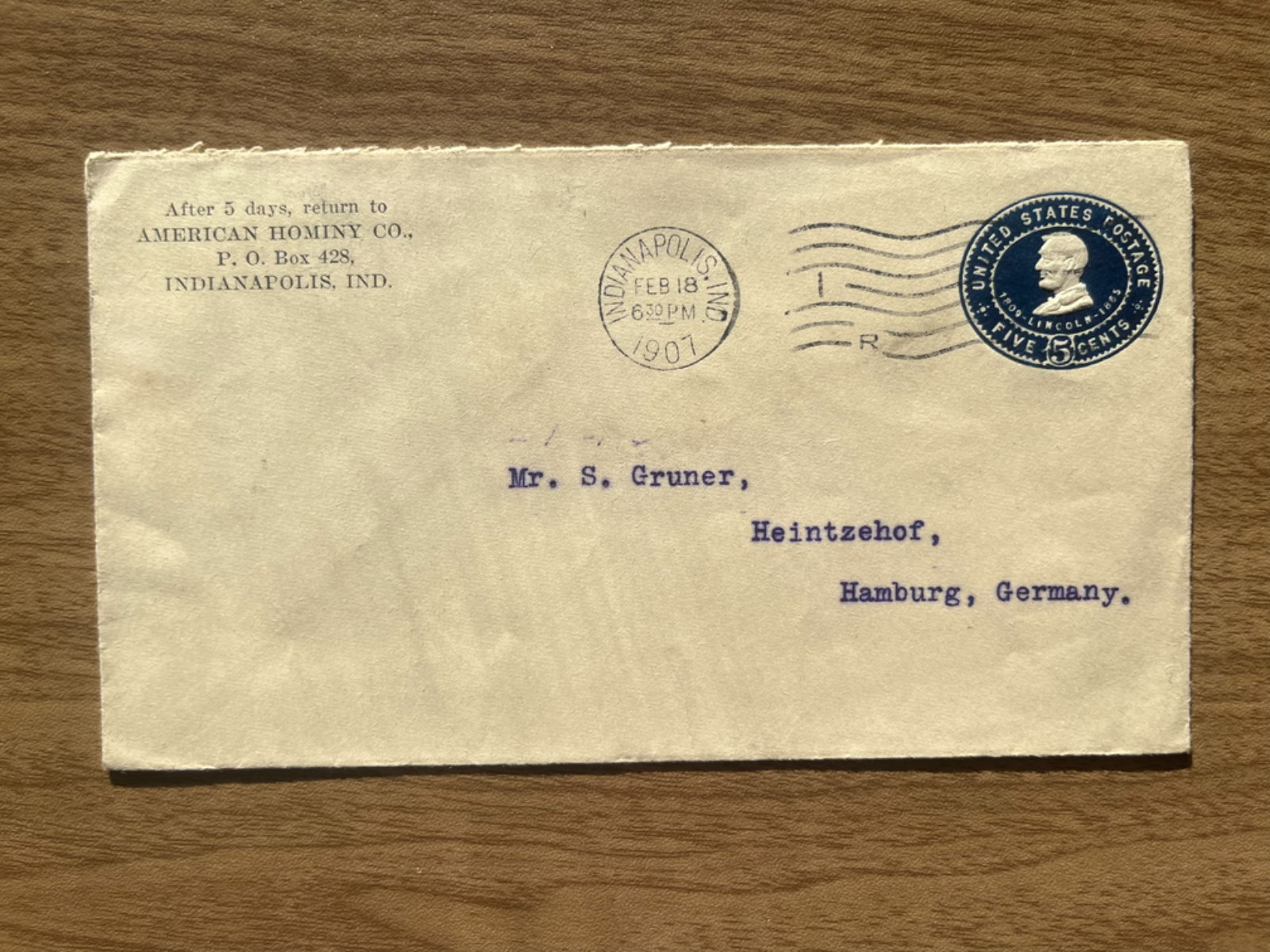 1901 USA Cover Indianapolis IN to Hamburg Germany 5c Grant American Hominy Co